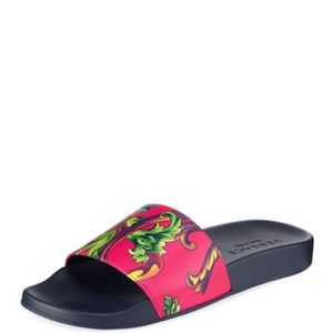 Versace Graphic-Print Leather Slides